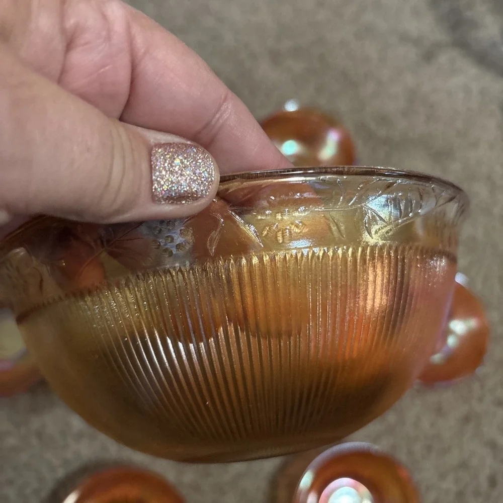 Vintage Carnival Glass Berry Bowl Set Prism & Daisy Ribbed Marigold 7 Piece Set